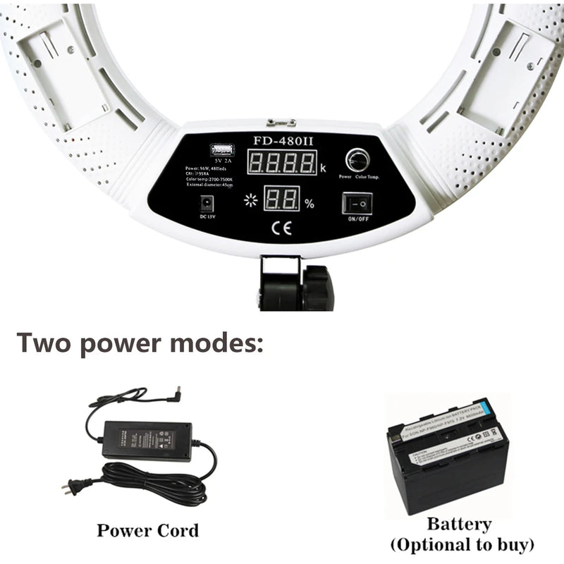 Anneau lumineux LED 45 cm – dos de l'anneau blanc : écran numérique, deux modes d'alimentation, adaptateur ou batterie en option