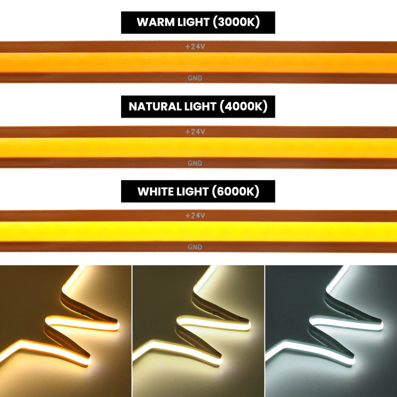 Ruban LED COB 24 V – blanc chaud, neutre et froid allumés côte à côte
