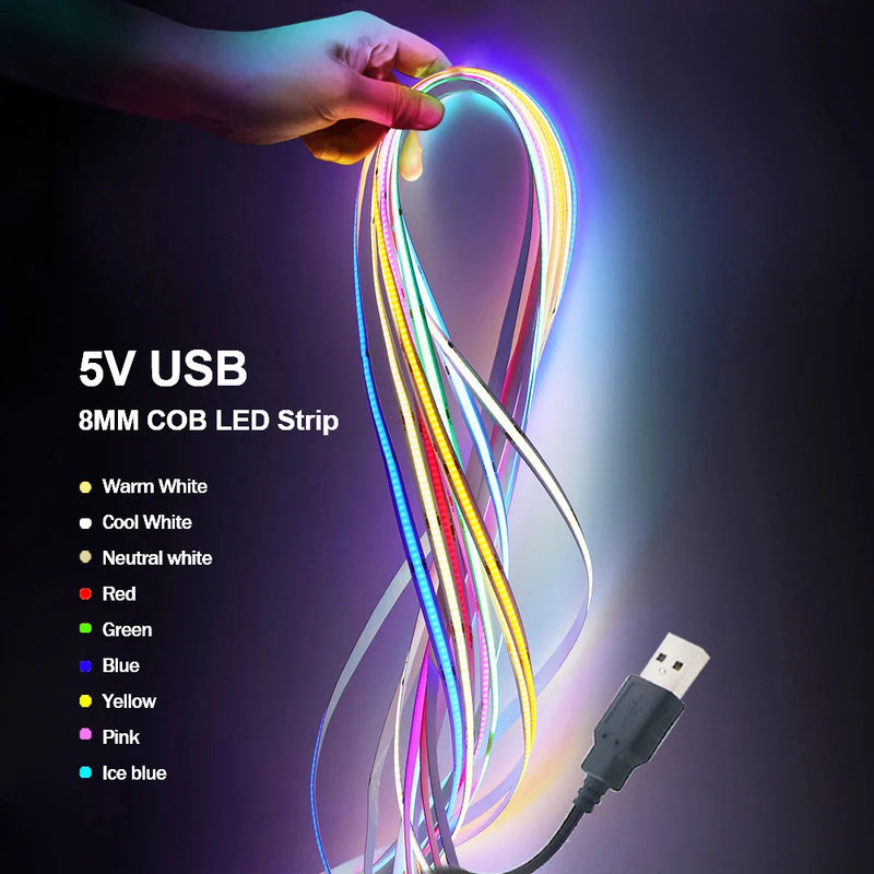 Ruban LED USB COB 8 mm – les neuf couleurs tenues en main