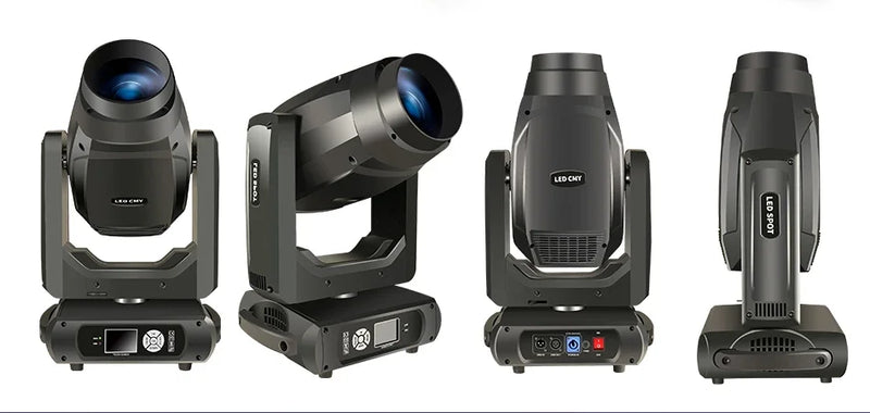 Lyre LED CMY 500 W – vues de face, de trois quarts et de profil