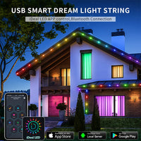 Guirlande féerique LED RGBIC Bluetooth – façade de maison décorée de guirlandes lumineuses colorées