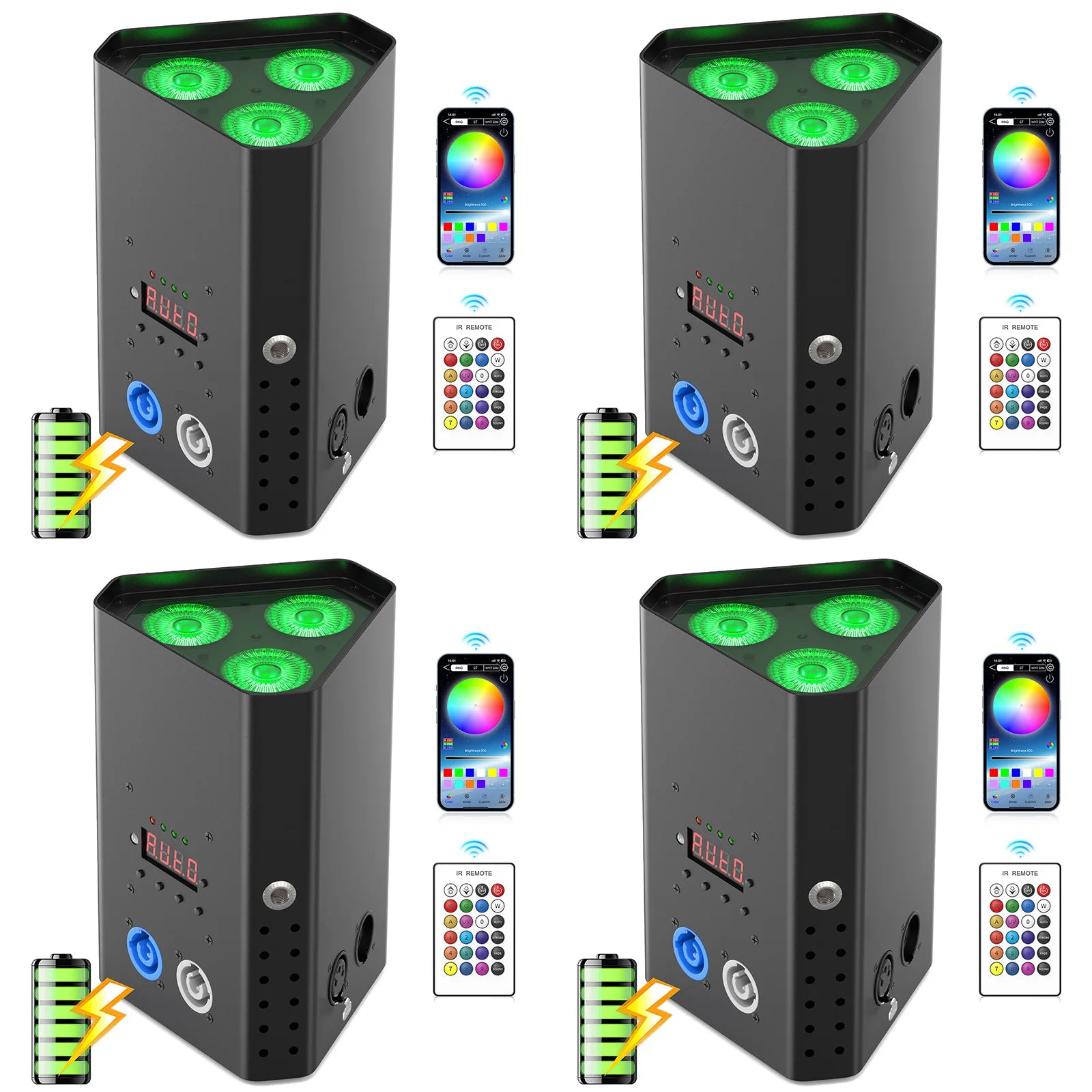 Lot de 4 uplights triangulaires sur batterie, 3 x 20 W RGBWA UV