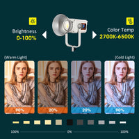 Lumière COB 300 W bicolore, 2700 à 6500 K, application et 10 effets