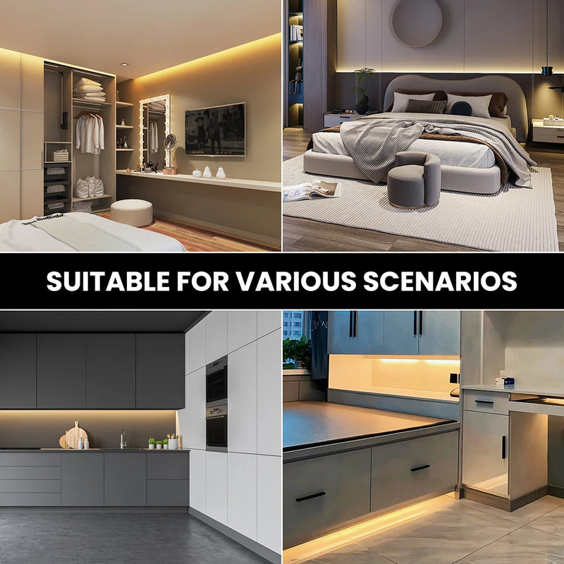 Bande LED COB ultra-fine – exemples d'installation en cuisine, chambre et dressing
