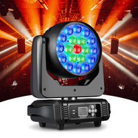 Lyre LED wash 19 x 15 W RGBW 300 W, zoom 8° à 60°, DMX 16 ou 24 canaux