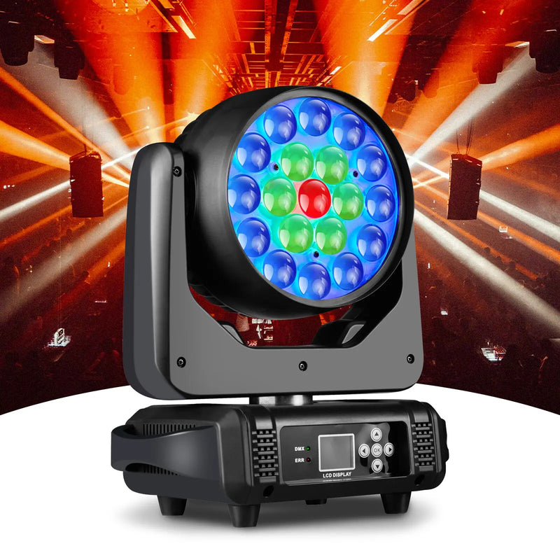 Lyre LED wash 19 x 15 W RGBW 300 W, zoom 8° à 60°, DMX 16 ou 24 canaux