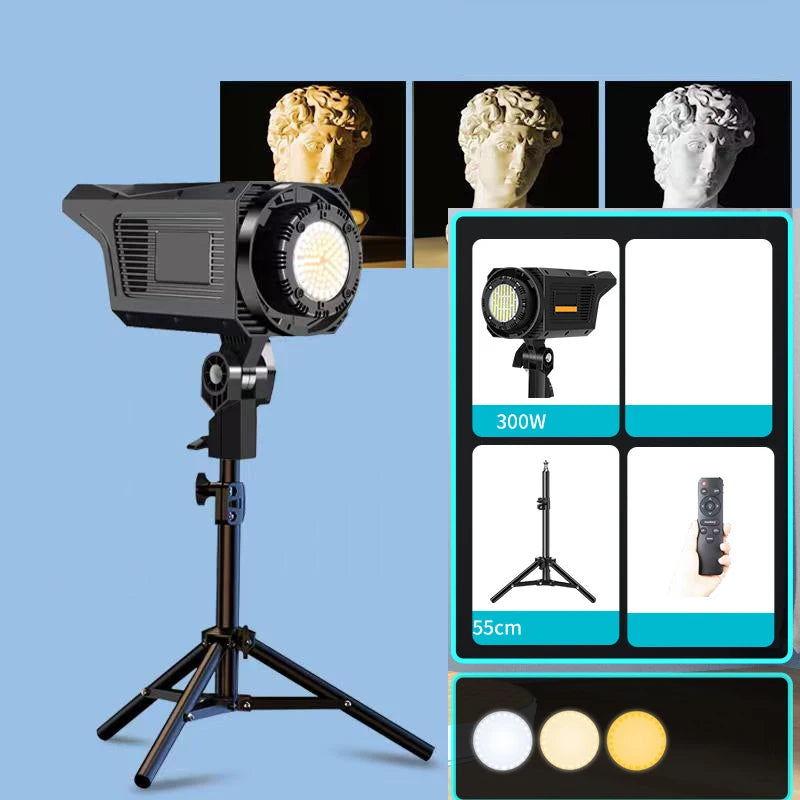 Lampe vidéo COB 300 W – lampe, pied de 55 cm et télécommande