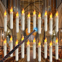 Bougies flottantes LED – bougies suspendues dans une grande salle avec la baguette magique