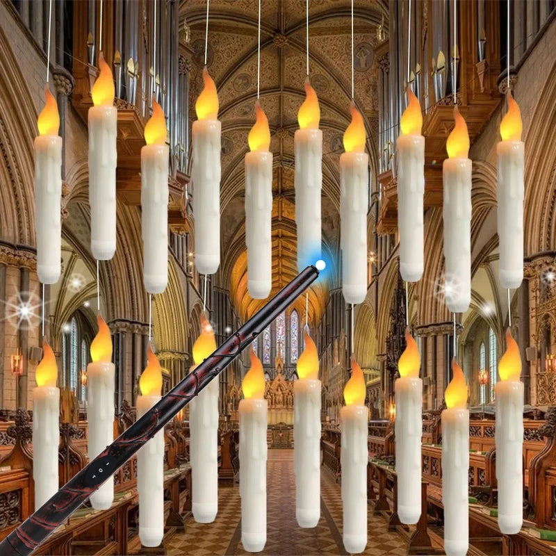 Bougies flottantes LED – bougies suspendues dans une grande salle avec la baguette magique