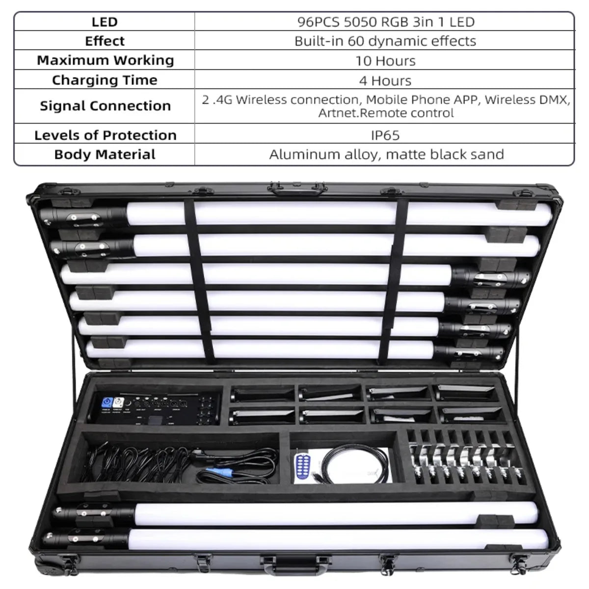 Lot de 8 tubes LED pixel sans câble sur batterie, flight case, DMX