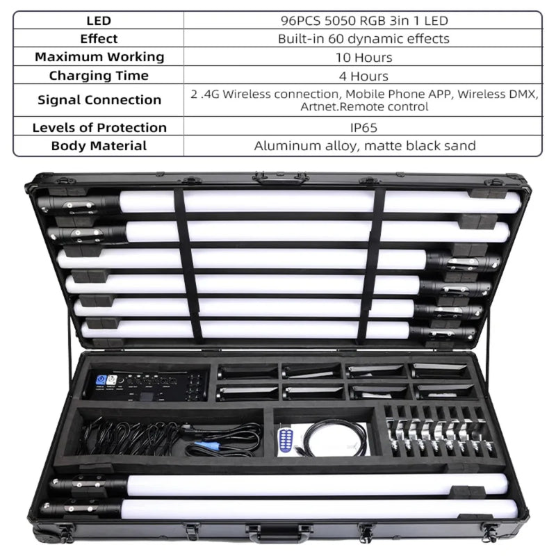 Kit de 8 tubes LED pixel sans fil – tableau des caractéristiques et valise ouverte avec huit tubes, contrôleur et accessoires