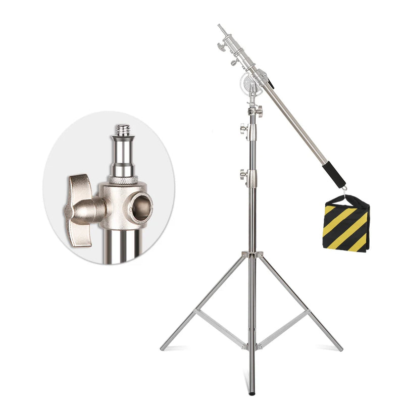 Bras girafe d'éclairage inox 106 à 249 cm – bras monté sur un pied avec sac de lest, détail de la rotule
