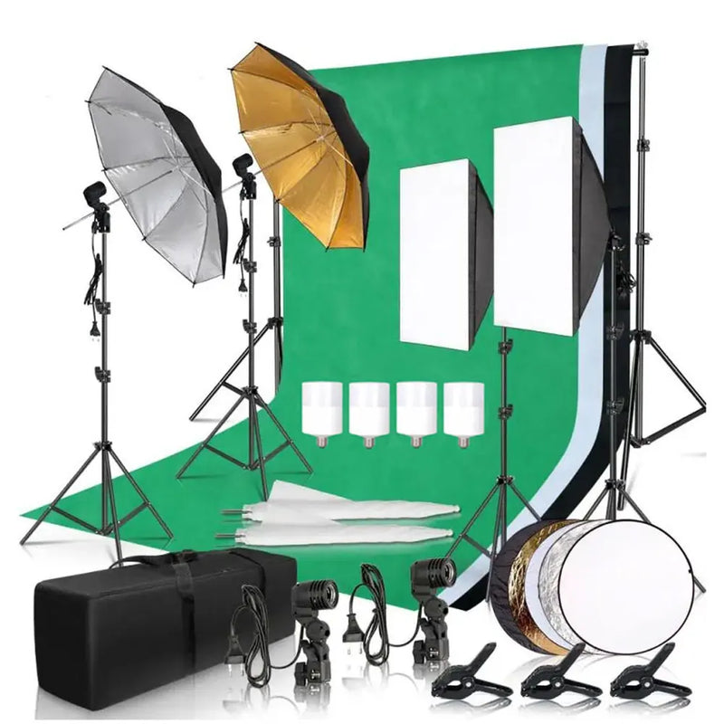 Kit studio photo à la pièce : 4 kits softbox et 4 cadres de fond de 2,4 x 4 m, 12 articles