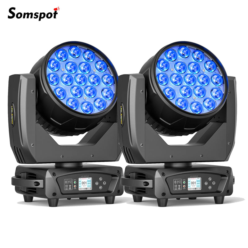 Lot de 2 lyres LED wash zoom 19 x 15 W – deux lyres vues de face, LED allumées en bleu