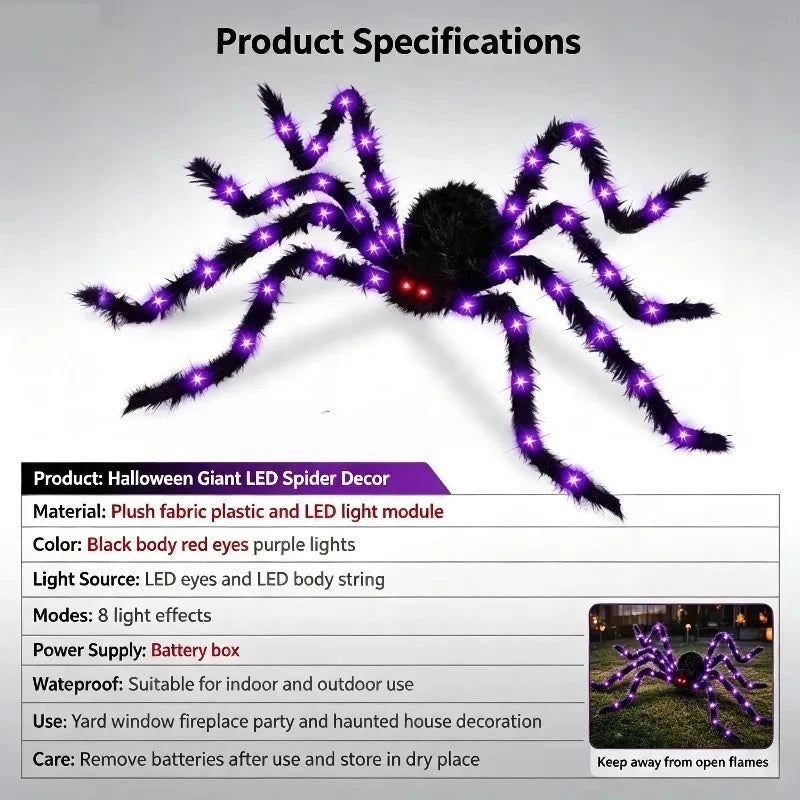 Araignée géante lumineuse – tableau des caractéristiques : matière, LED, 8 modes, boîtier à piles