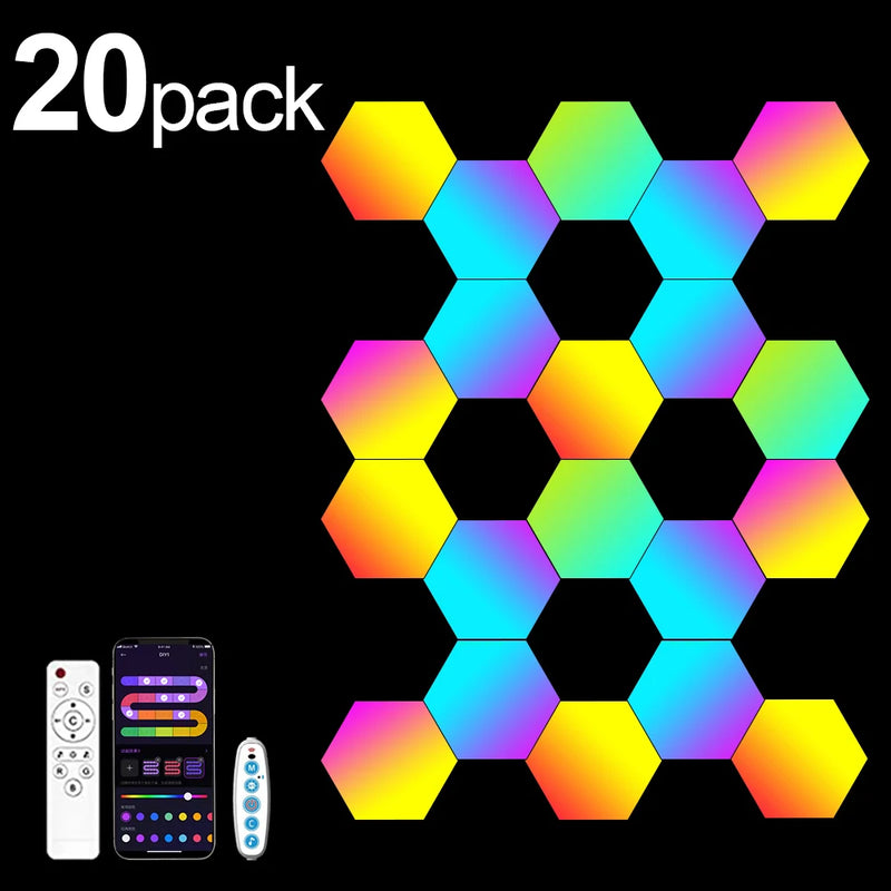Panneau LED hexagonal mural RGB, application, télécommande, lot de 8 à 20