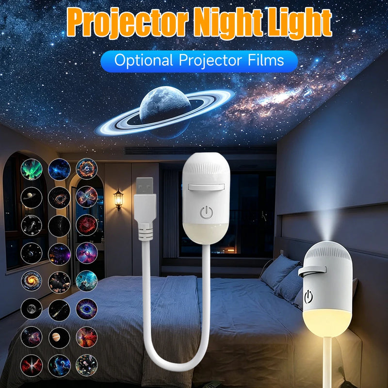 Mini projecteur ciel étoilé capsule USB – veilleuse à lumière chaude au chevet et planche de films au plafond