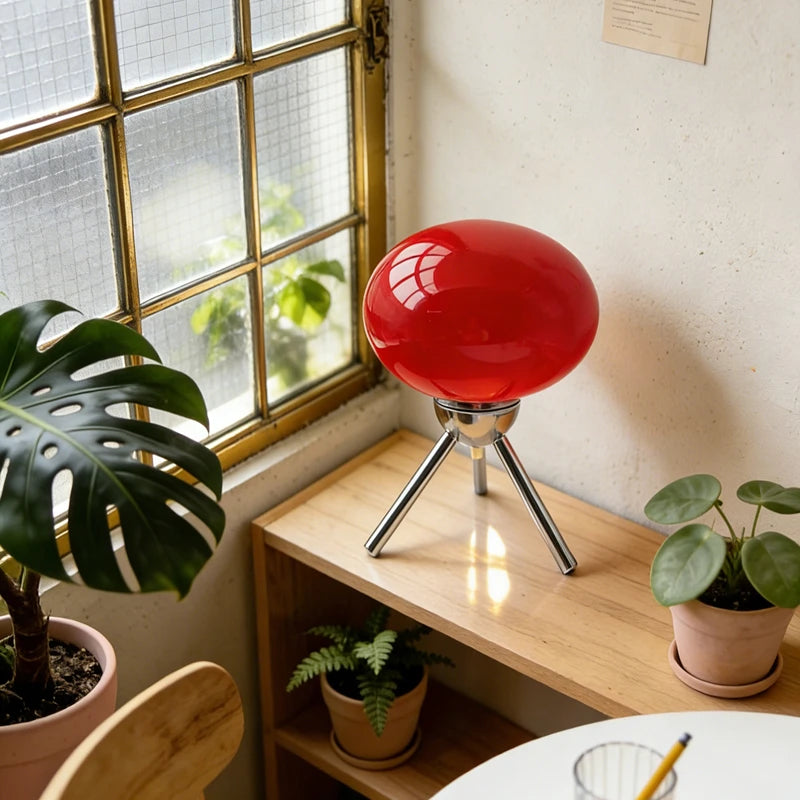 Lampe champignon en verre sur trépied chromé, globe ovale, 5 V, tactile