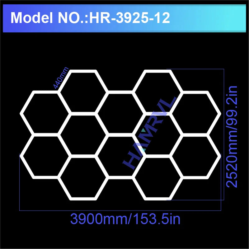 Plafonnier hexagonal LED – modèle de 12 hexagones, 390 x 252 cm