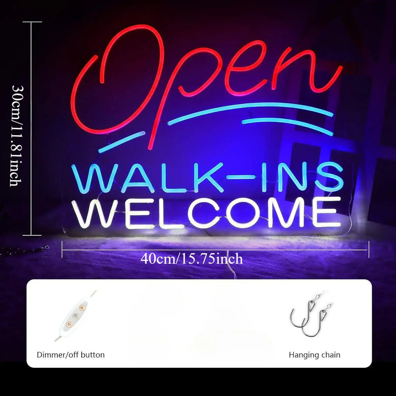 Enseigne néon Open Walk-Ins Welcome – dimensions 40 x 30 cm, bouton variateur et chaîne de suspension