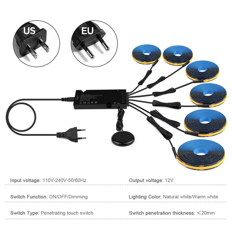 Ruban LED COB noir – schéma des prises US et européenne, boîtier, capteur et six rubans