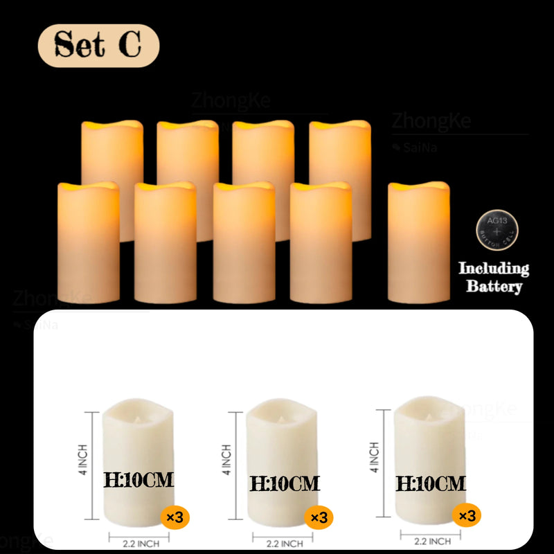 Bougies colonnes LED flamme vacillante, piles incluses, lot de 9 à 120
