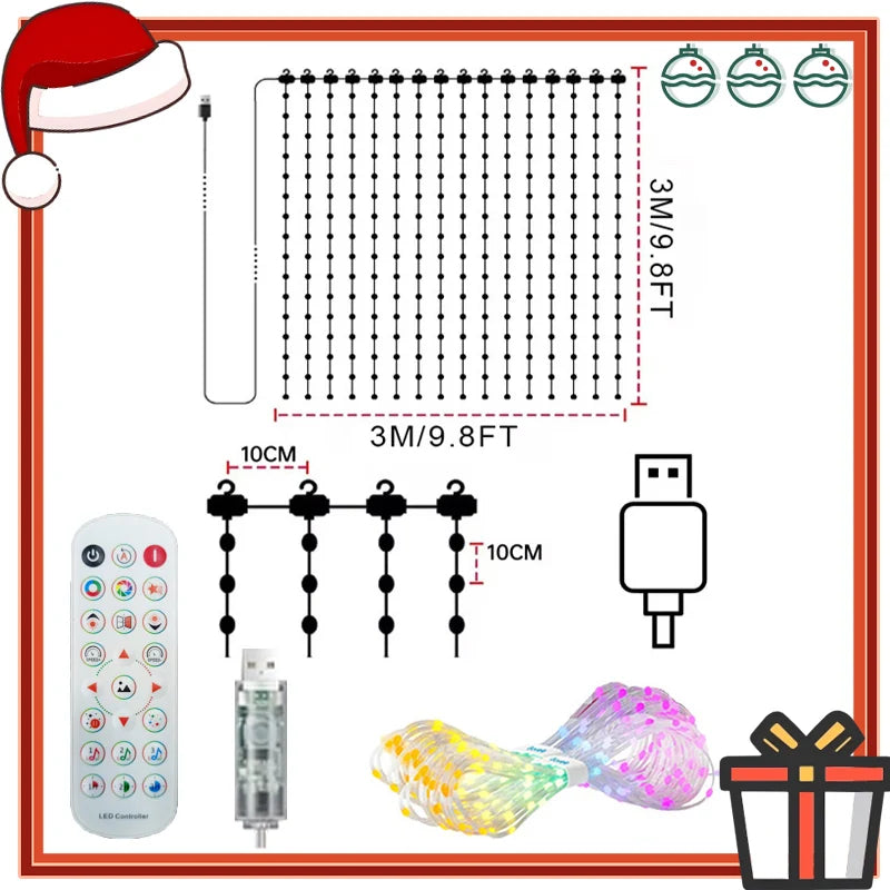 Rideau lumineux LED – schéma du format 3 x 3 m avec télécommande et contrôleur USB