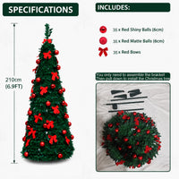 Sapin de Noël pliant pré-décoré en rouge, 150, 180 ou 210 cm, avec ou sans guirlande LED USB