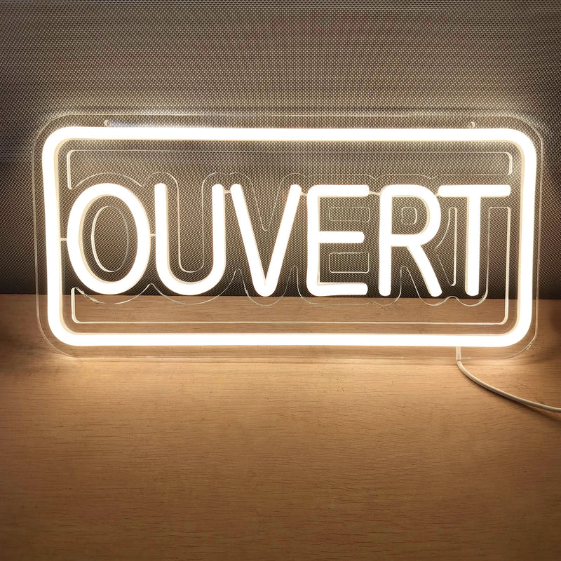 Panneau lumineux ouvert multilingue – OUVERT blanc, cadre blanc