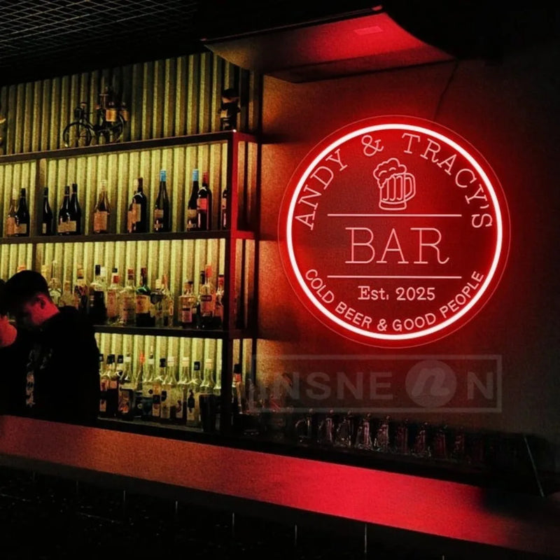 Enseigne néon bar personnalisée à votre nom, rond 29 cm, USB