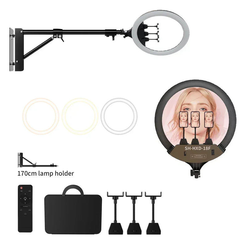 Anneau lumineux 45 cm – version télécommande et mallette, support mural de 170 cm