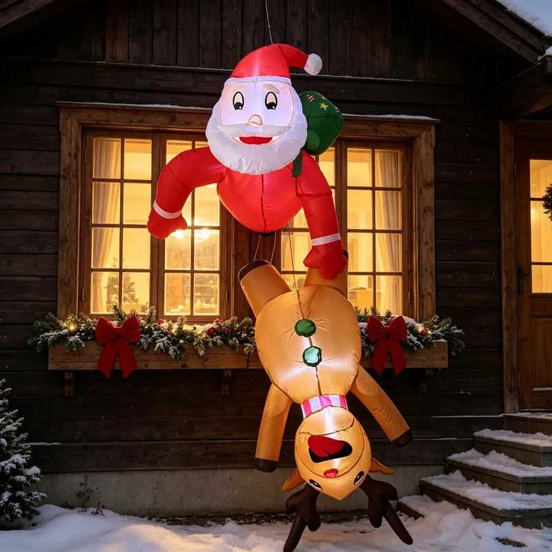 Père Noël gonflable suspendu avec renne la tête en bas, LED, 1,8 m