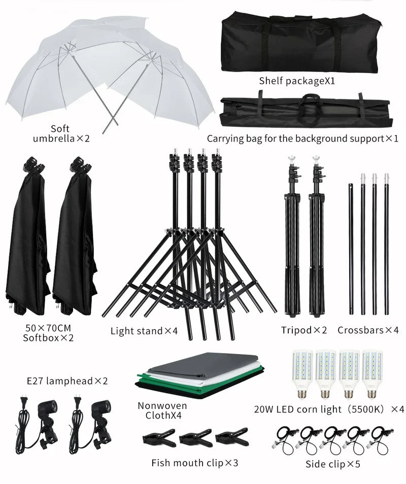 Kit studio photo à la pièce : 4 kits softbox et 4 cadres de fond de 2,4 x 4 m, 12 articles