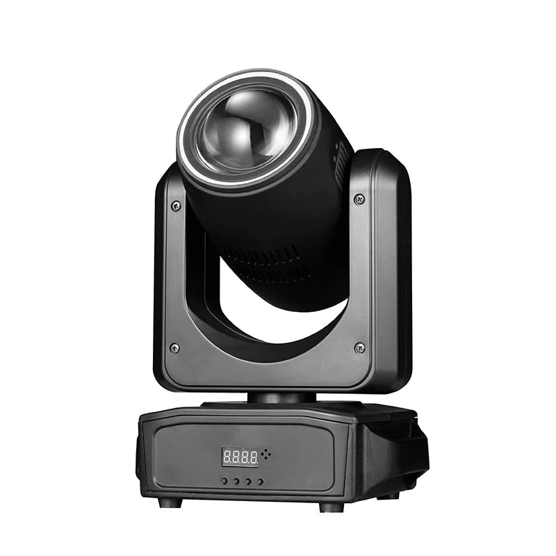 Mini lyre LED beam 180 W – vue de face, anneau blanc autour de la lentille