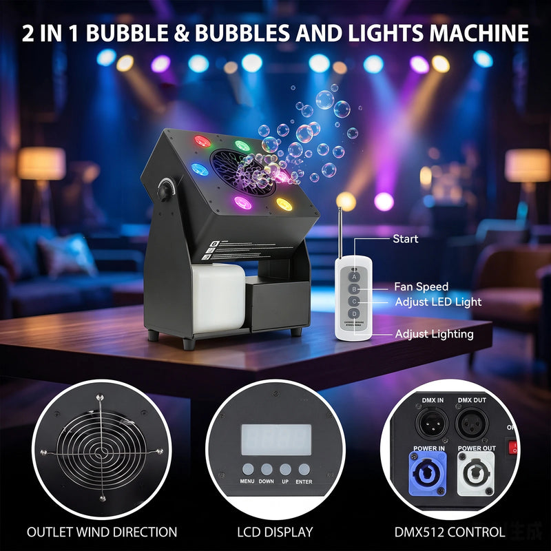 Machine à bulles de scène 90 W – machine avec télécommande, sortie d'air, afficheur et connecteurs DMX