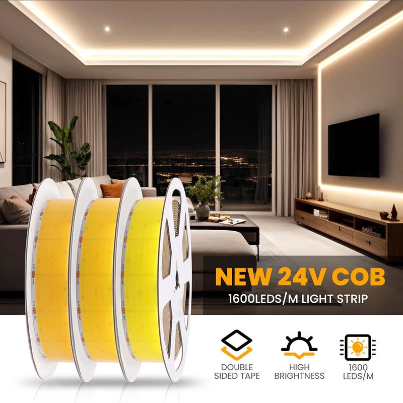 Ruban LED COB à rangées – trois bobines devant un salon éclairé