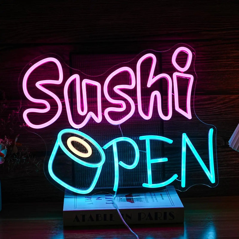 Enseigne néon Sushi OPEN – modèle rose et turquoise
