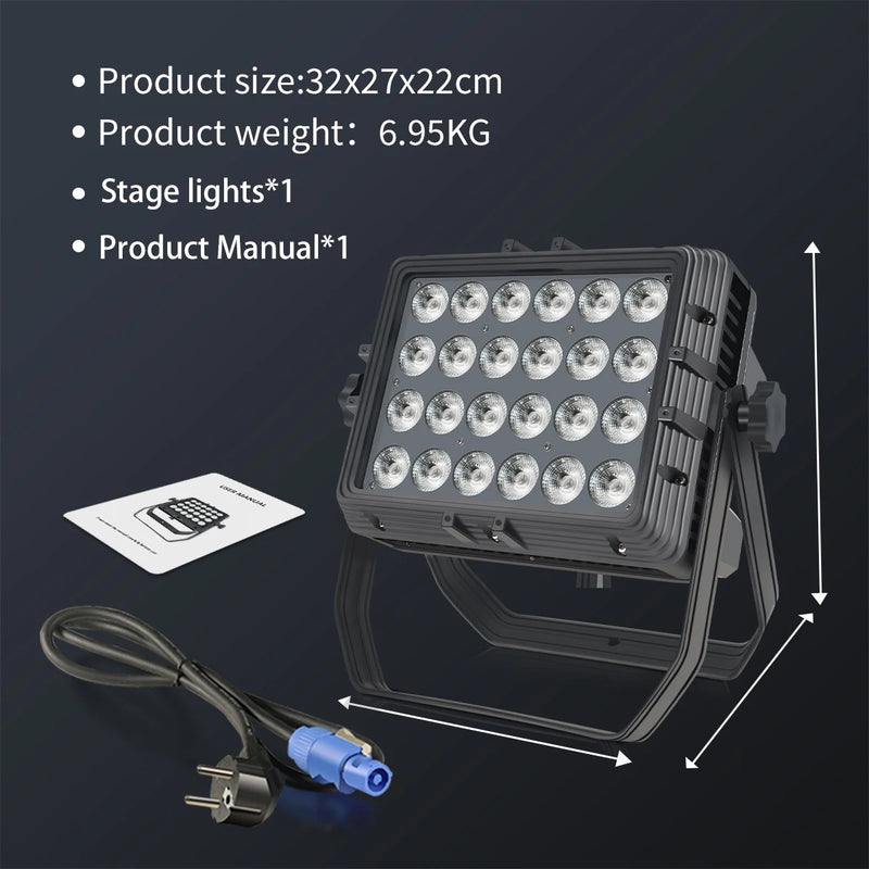 PAR LED carré IP65 – dimensions de 32 x 27 x 22 cm, poids de 6,95 kg et contenu