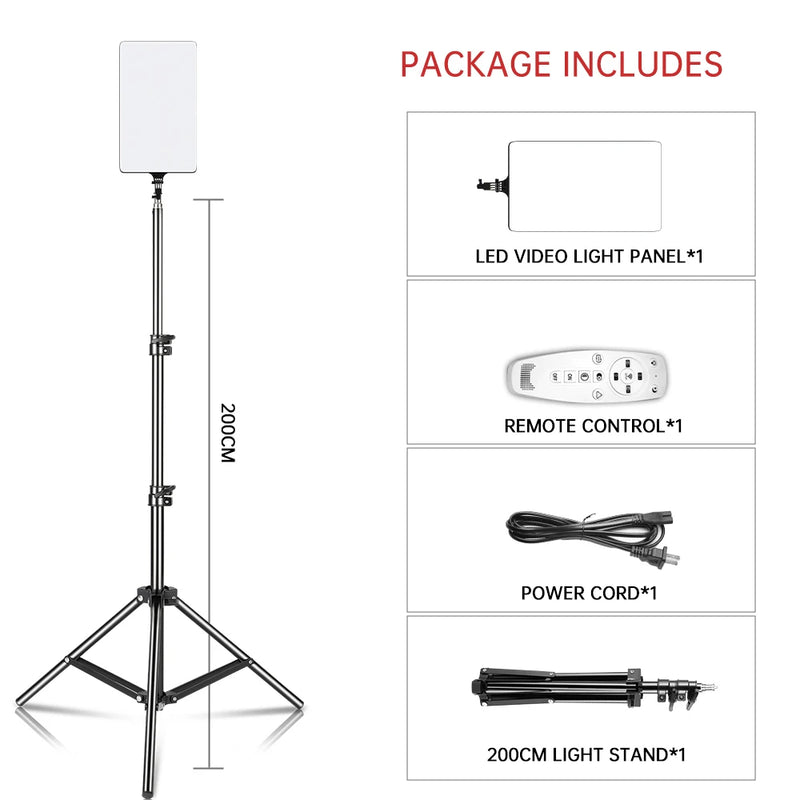 Panneau LED vidéo bicolore 90 W – version avec trépied de 200 cm : panneau, télécommande, cordon et trépied