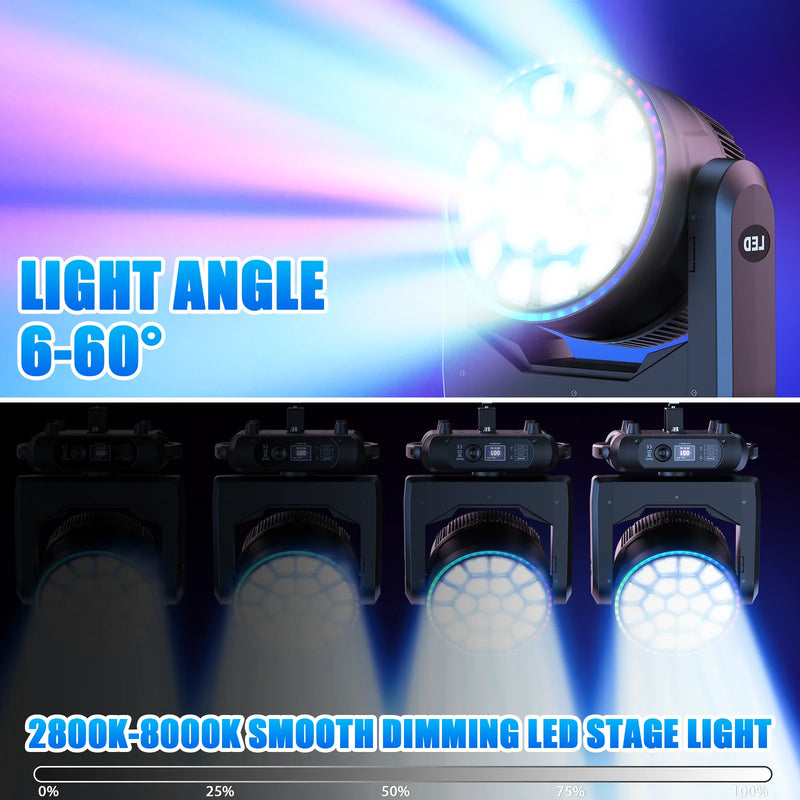 Lyre LED wash 19 x 15 W RGBW à anneau de 47 LED RGB, zoom 6° à 60°, DMX