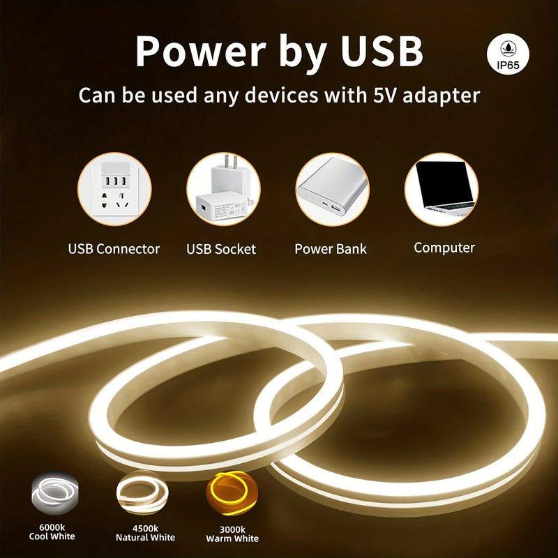 Ruban LED néon USB 5 V à capteur tactile, IP65, 1 à 5 m