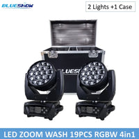Lot de 2 lyres LED wash zoom 19 x 15 W – deux lyres devant leur flight case ouvert