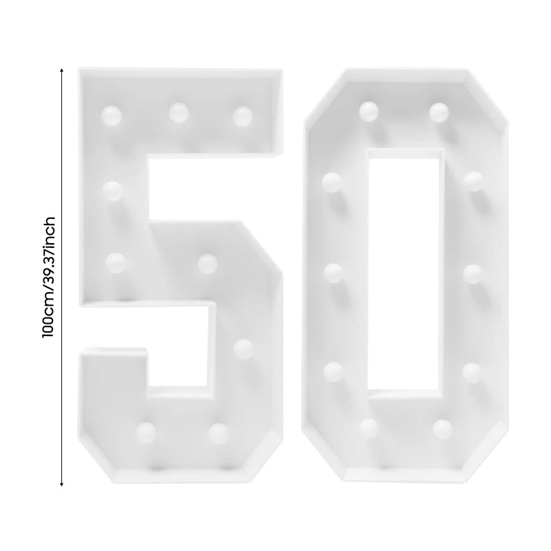 Chiffres lumineux géants 50 ans, 100 cm en carton mousse, à piles