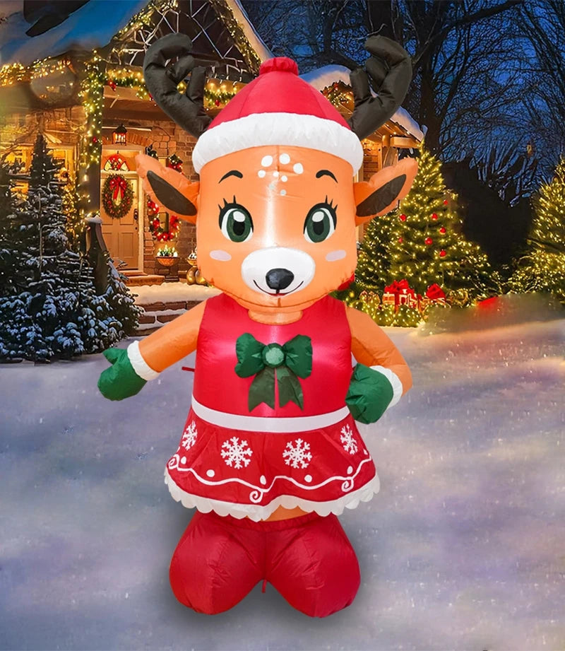 Renne lumineux gonflable en robe rouge – renne gonflable devant une maison illuminée, vue de face