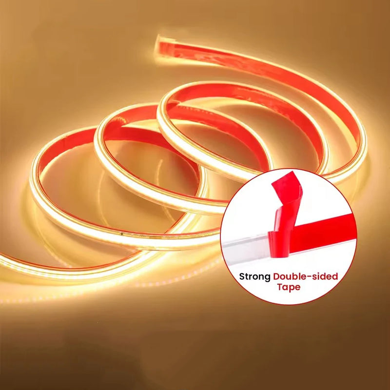Bande LED COB 220 V – ruban allumé en blanc chaud avec adhésif double face