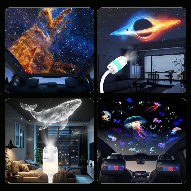 Projecteur ciel étoilé à tiroir – quatre ambiances projetées : nébuleuse, trou noir, baleine et méduses