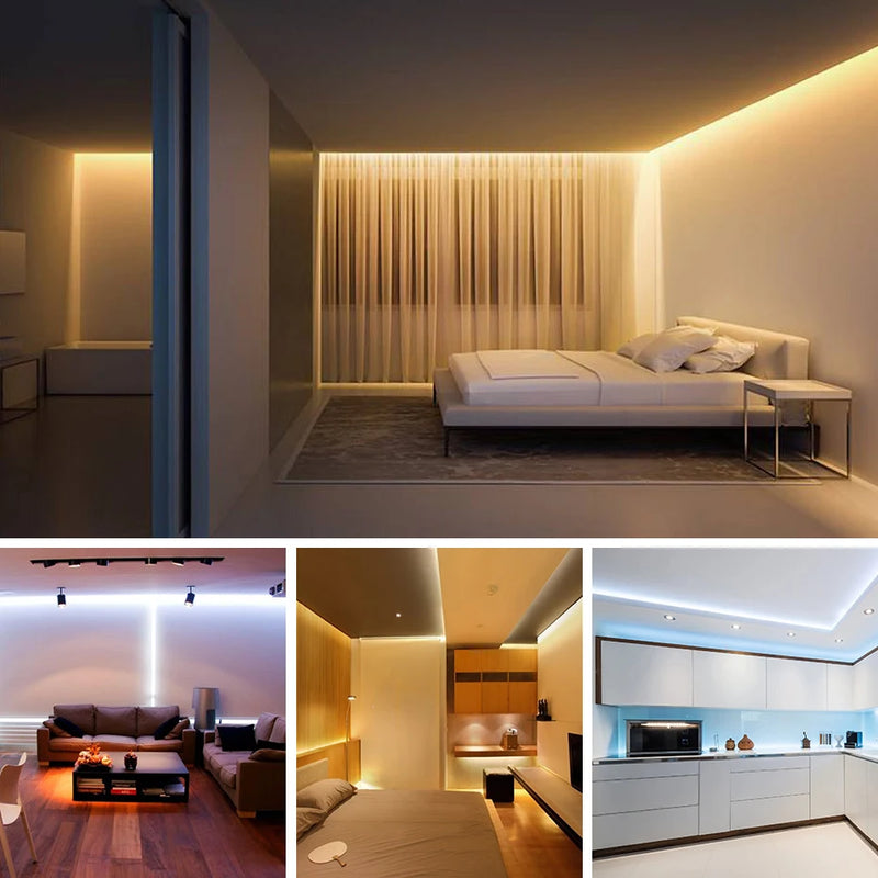 Ruban LED COB 220 V – exemples d'éclairage dans une chambre, un salon et une cuisine