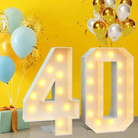 Chiffre lumineux géant – nombre 40 devant des ballons jaunes et bleus