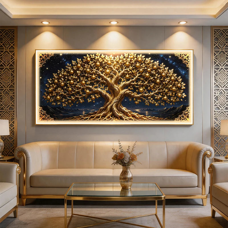Tableau lumineux LED arbre de vie doré, cadre aluminium, 80 à 95 cm