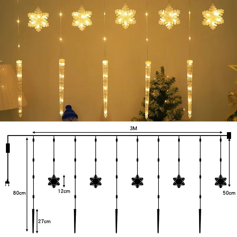 Rideau lumineux flocons et glaçons de Noël – schéma des dimensions, version blanc chaud